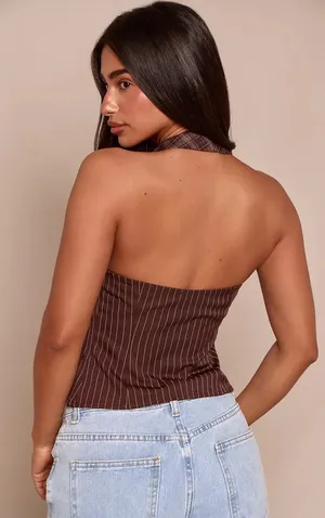 Pretty Little Thing Striped and Plaid Halter Tie Top thumbnail 2