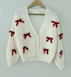Luna Ivy Cardigan Sweater XS Cream Red Velvet Bows Coquette Balletcore Chunky thumbnail 1