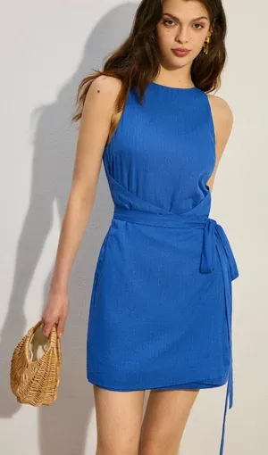 COMMENSE Sleeveless Wrap Style Mini Dress Cobalt Blue Linen Blend L NWT thumbnail 1