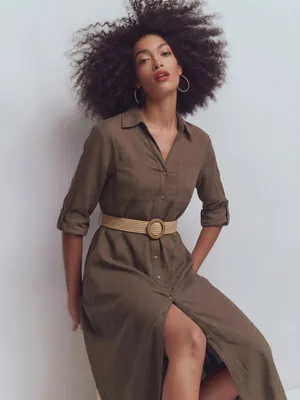 NWOT Love Tree Linen Blend Utility Shirt Dress Brown Midi Sz Medium Missing Belt thumbnail 3