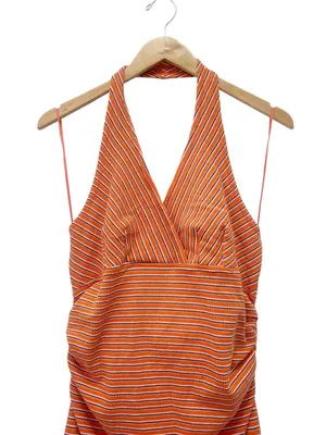 Pilcro High Tide Halter Slim Midi Dress Large Orange Stripe Anthropologie thumbnail 5