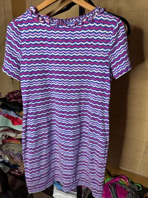 Talbots Ruffle Neck Chevron Stripe Cotton Shift Dress Medium Pink Blue White thumbnail 6