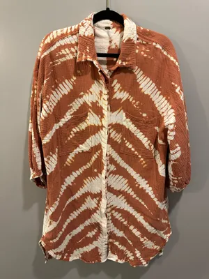 Young Fabulous & Broke Gauze Material Shibori Tie-Dye Print Button-Down Shirt Dress Rust and White thumbnail 1