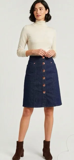 ModCloth Denim Skirt Large High Waisted Button Jean Retro 70s Dark Wash Preppy thumbnail 1