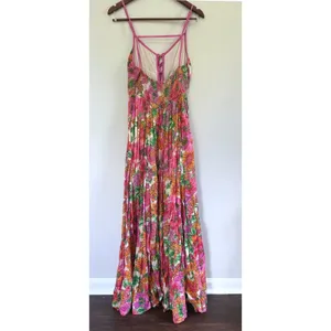 Free People Pink Floral Lace Up Empire Waist Dream Weaver Maxi Dress Sz Med thumbnail 4