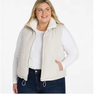 No Boundaries Womens Reversible Puffer Sherpa Vest Size XL Stone Tile Zip Pocket thumbnail 2