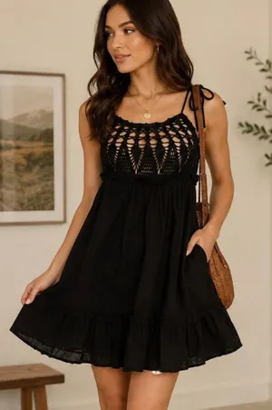 Cleobella Womens Gia Black Crochet Organic Cotton Boho Beachy Mini Dress Size S thumbnail 1