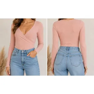 Aerie Ribbed Wrap Bodysuit XS Pink Long Sleeve Ballet Core NWT thumbnail 2