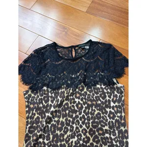 Ann Taylor Leopard Print Lace Yoke‎ Top Womens Brown Black Knit Sweater M thumbnail 3
