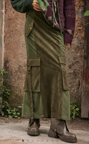 Cider Faux Leather High Waisted‎ Solid Belted Cargo Maxi Skirt Green Size Medium thumbnail 1