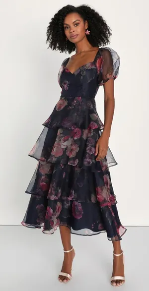 NWT Lulus Oh-So Stunning Navy Blue Floral Organza Tiered Midi Dress Cruise Sze M thumbnail 1