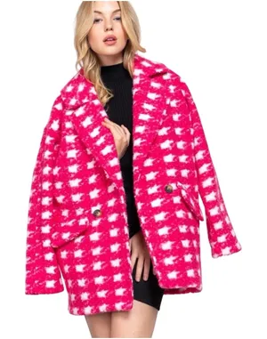 Active USA Fuchsia Pink Check Boucle Fleece Coat Large NWT Barbiecore‎ thumbnail 1