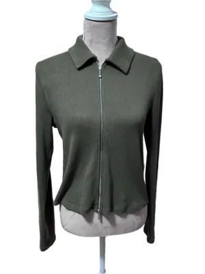 Madewell Ribbed Cotton Zip Front Polo Cardigan Light Sweater Womens Medium Olive thumbnail 3