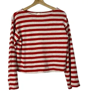 H&M Red & White Textured Knit‎ Striped Boxy Sweater XS thumbnail 1
