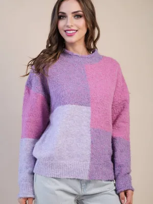 NWT Very J Oversized Color Block Cozy Knit Sweater Purple/Pink Size Large thumbnail 2