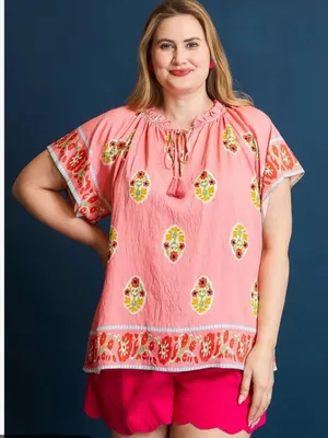 Umgee Boho Bloom Top with
Contrasting Print Border in Pink thumbnail 1