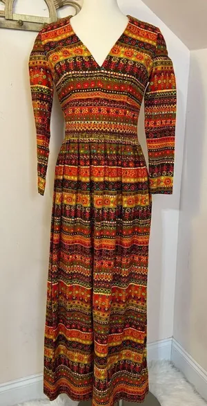 Vintage Groovy Floral Bark/ Lava Cloth Handmade Maxi Dress S/M thumbnail 1