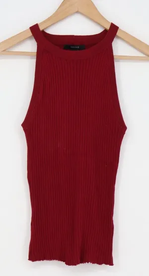 Forever 21 Tank Top Womens L Ribbed Burgundy High Neck Racerback Excellent thumbnail 1