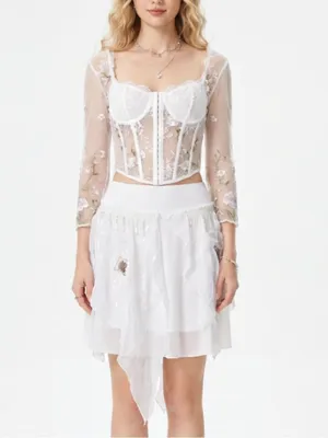 Banana USA Asymmetrical White Sheer Beaded Sequin floral Skirt Boho Fairy core thumbnail 3