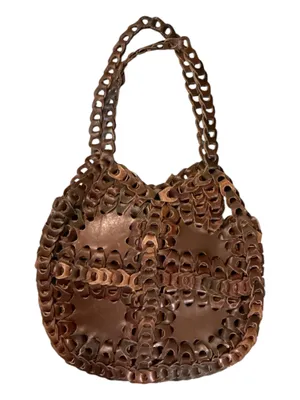 Vintage 1970s Style Interlocking Leather Disc Tote Bag | Boho Artisanal Woven Link Shoulder Bag – Chocolate Brown thumbnail 1