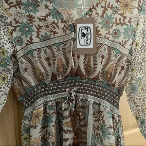 M- NWT Boho Beach Maxi Dress‎ Semi Sheer Colorful Design Coverup Dress V-Neck thumbnail 3