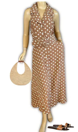 Vintage 1990'S All That Jazz Brown & White Polka Dot Print Dress W/Belt (8) thumbnail 1