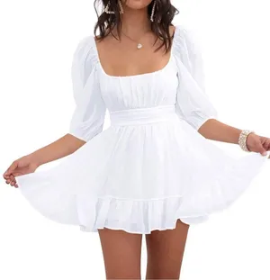 NEW Tie Back Half Lantern Sleeve Dress Ruffle Square Neck 2X White Size XXL thumbnail 2