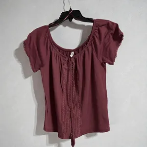 Colosa Boho Crochet Lace Peasant Top Burgundy Mauve Short Sleeve Size L thumbnail 2