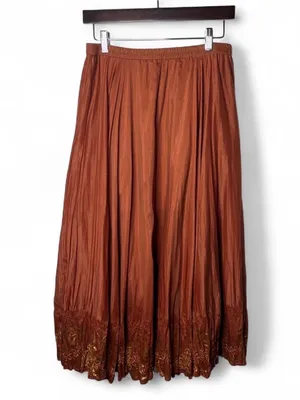 Vintage Burnt Orange Cotton Silk Embroidered Hem Gathered Boho Maxi Skirt thumbnail 2