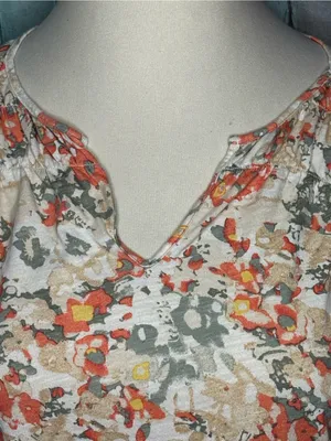 L.L. Bean Floral Short-Sleeve V-Neck Top in Ivory and Coral thumbnail 2