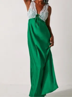 Free People FP Women’s Countryside White Green Satin Maxi Slip Dress Size Large thumbnail 12
