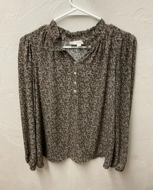 LOFT Olive Green Floral Henley Peasant Blouse thumbnail 1