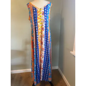 Patchwork Floral Print Maxi Dress coverup Sleeveless Blue Orange boho whimsigoth thumbnail 5