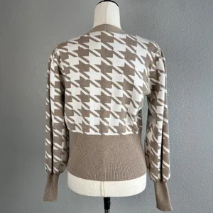 Joie Crop Houndstooth V-Neck‎ Button Cardigan Size XS Puff Sleeve Beige White thumbnail 5