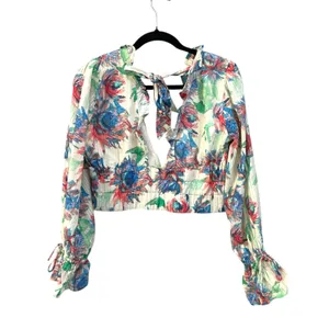 By‎ Anthropologie Boho Tie Back Floral Ruffle Long Sleeve Crop Top Women's Small thumbnail 4