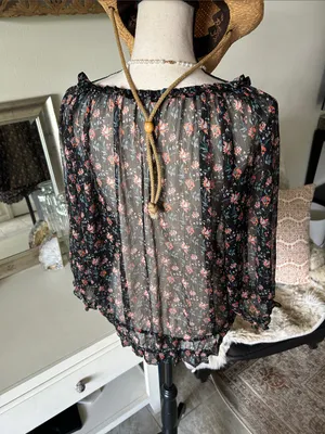 Natural life, black sheer floral BoHo cottage peasant, 3/4 sleeve blouse top XL thumbnail 8