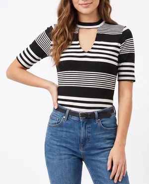 Derek Heart Bodysuit Womens L Black White Striped Ribbed Keyhole Excellent thumbnail 1