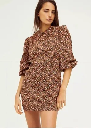 Free People Brown Printed Floral Sheath Mini Dress Small 3/4 Sleeves Collared thumbnail 11
