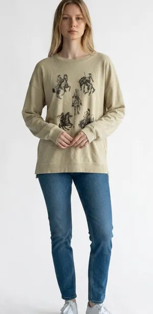 Y'all Come Back Cowboy Rider Graphic Oversized Sweatshirt Women's L Beige thumbnail 1