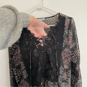 MAURICES Black Geometric Swiss Dot Crochet Lace Up Long Sleeve Peasant Top Tunic thumbnail 8