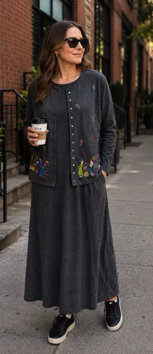 Marisa Christina Gray Maxi Dress M Floral Embroidery Cottagecore Modest Teacher thumbnail 1