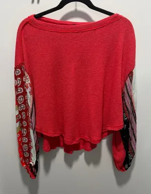 Free People We The Free Waffle Knit Top Red XS Boho Patchwork Sleeve Casual thumbnail 1