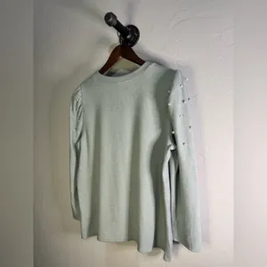 Cato Old Money Light Greenish Gray Knit‎ Top With Pearl Accents Size Large thumbnail 2