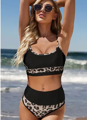 💛NWT Patchwork Leopard Print High Waisted Bikini Set, Size Medium Black thumbnail 1
