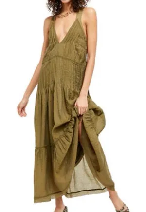 Free People Olive V-Neck Tiered Maxi Dress thumbnail 1
