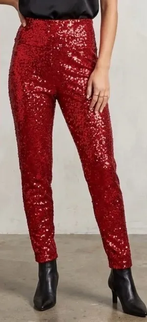 NWT Tipsy Elves High Waisted Red Sequin Pants Fully Lined Christmas thumbnail 1