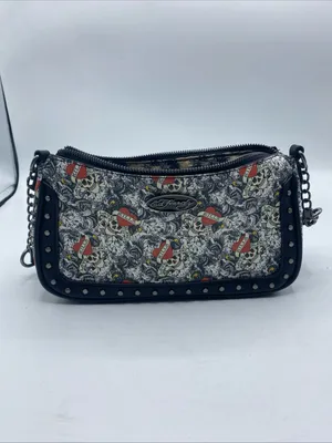 Ed Hardy Shoulder Bag Black Love Kills Slowly Studded Purse Grunge Goth Chains thumbnail 8