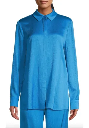 Kobi Halperin Bella Ocean Blue Satin Oversized Button Down Shirt Size M thumbnail 1