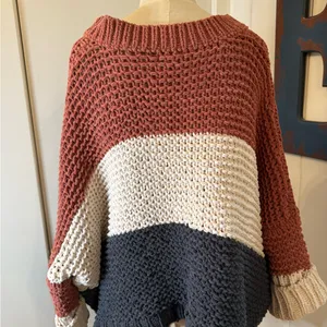 POL V-Neck Sweater in Rust, Cream, and Charcoal oversize chenille feel Sz S thumbnail 3
