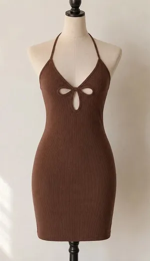 SHEIN Brown Ribbed Halter Cut Out Bodycon Mini Dress Size Small thumbnail 1